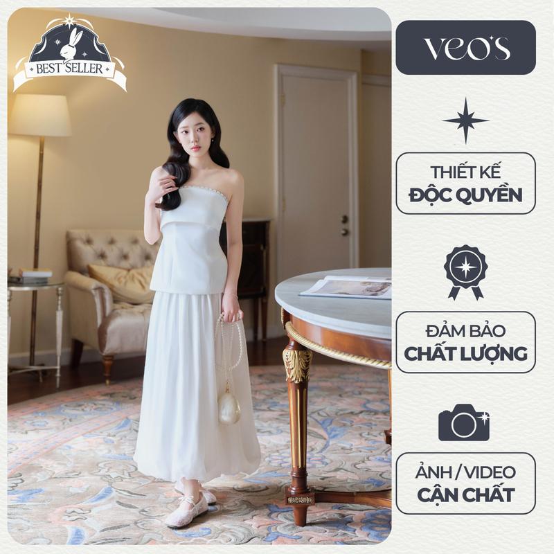 VEOS MIMOSA TOP - Áo Quây Nữ Viền Đá Veo's Thanh Lịch Sang Trọng Form Ôm Cúp Ngực Không Dây Chống Tụt Màu Trắng