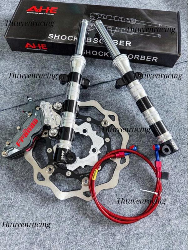 Bộ 5 món cho Ex150 155 gồm Phuộc phay hạ 3cm + Heo Frando 4pis Xám + Đĩa gắn mâm 4 lỗ + Dây dầu Đỏ + pát Cnc