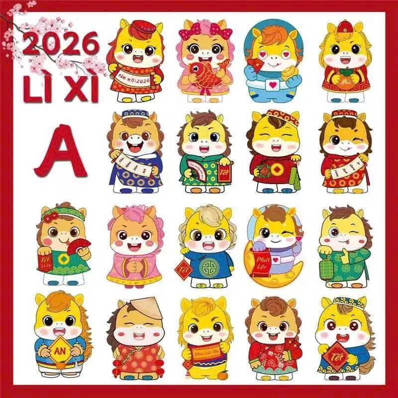 Combo 50 Bao Lì Xì Chibi Bính Ngọ Ngẫu Nhiên Dễ Thương Hàng Loại 1 Cao Cấp Ánh Kim Phản Quang Lấp Lánh 18 Mẫu Hình Chibi Màu Sắc Tươi Sáng