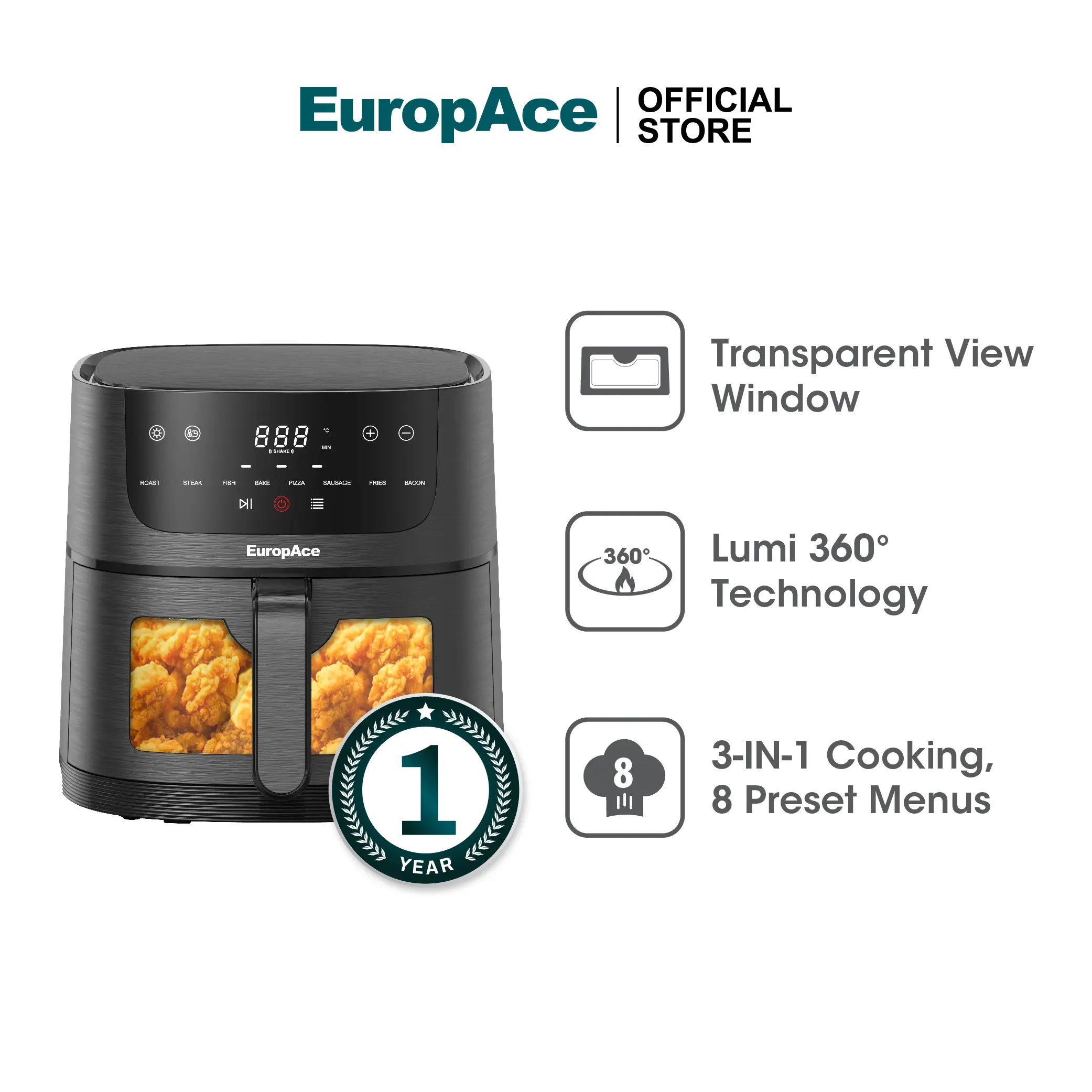 EuropAce 3-IN-1 Lumi Air Fryer | EAF5421DBK | Transparent View, Lumi 360° Technology & 3-IN-1 Cooking, 8 Preset Menus