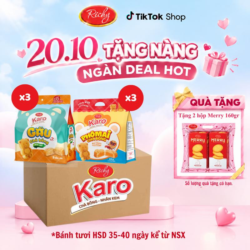 [TẶNG 2 HỘP MERRY] Thùng Bánh Karo Gấu Mix Vị (6 Túi Lớn) Thơm Ngon, Tròn Vị