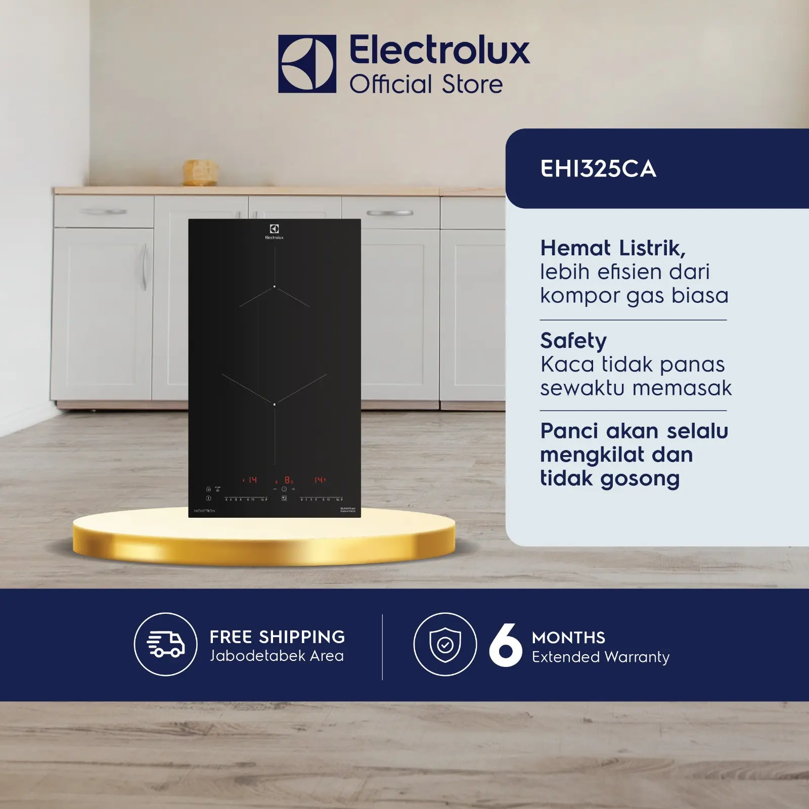 Electrolux Kompor Tanam 30 Cm 2 Zone Masak Sehat,Cepat, Hemat Listrik Kaca tidak panas sewaktu memasak panas langsung ke masakan Energy-Efficient 14 level Big Power, Lock Function​, Timer, Stop and Go function Easy-to-use Touch dan Slide function EHI325CA