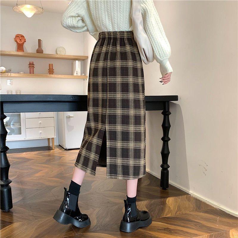 Chân váy midi kẻ sọc mới Chân váy chữ A cổ điển cạp cao cho nữ Chân váy dài E62 Women 2