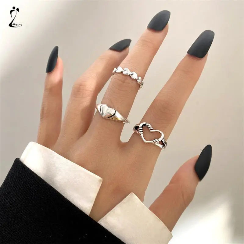 【lingerly】3pcs Cincin Model Terbuka Desain Gelombang Hati Warna Silver Gaya Vintage Untuk Wanita Z 1