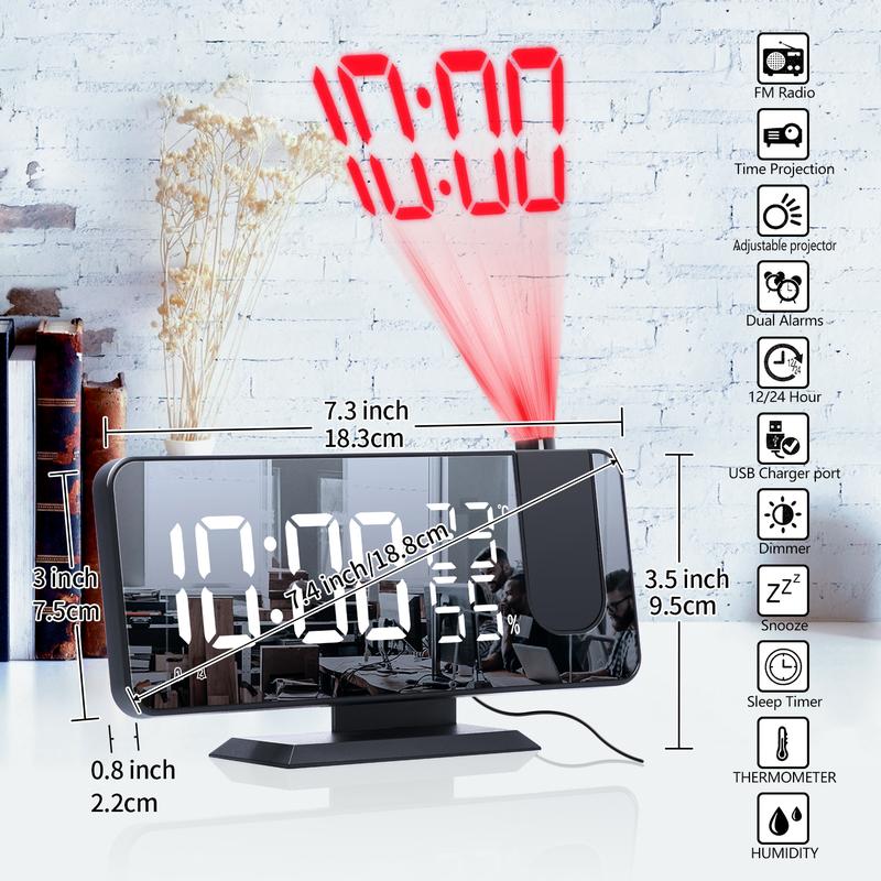 Product Introduction of 12/24H Music LED Digital Alarm Clock Table Electronic Desktop Clocks USB Wake Up FM Radio 180° Projector Snooze Function Dual Alarm Bedroom Bedside Mute Clock For Kids Mother Gift 36