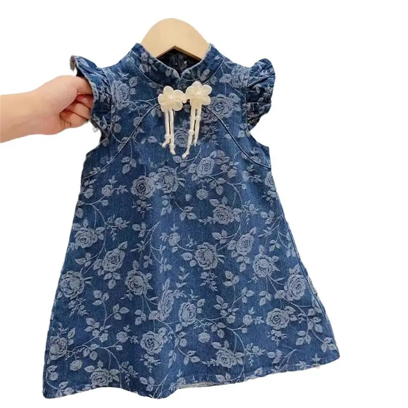 Girls Chinese style coil buckle cheongsam dress summer girl vintage fly sleeve denim dress baby flower skirt