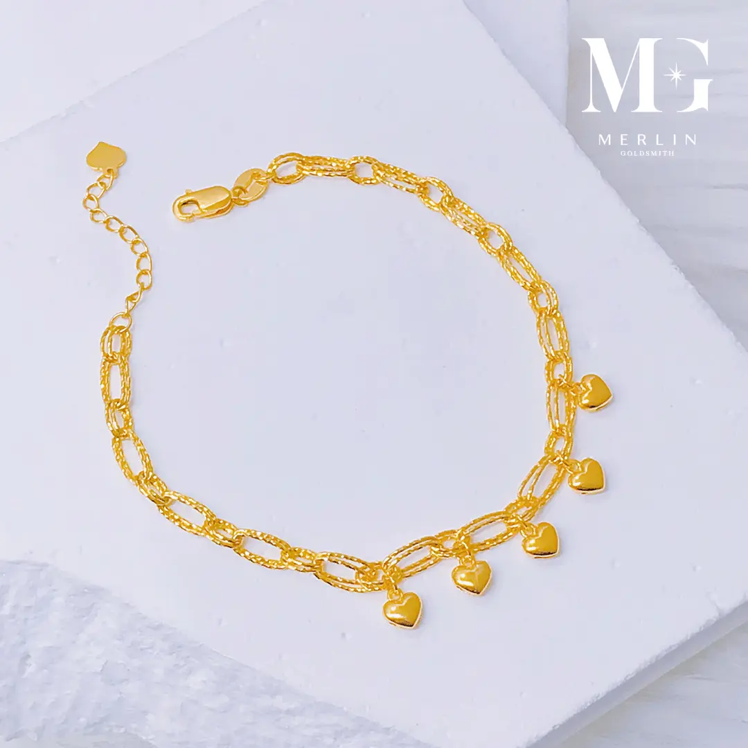 Merlin Goldsmith 916 22k Gold Link Chain x Dangling Five Heart Bracelet