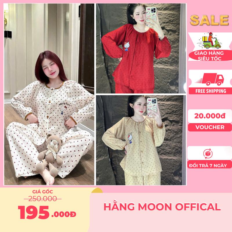 Set Bộ Nữ Bigsize Hằng Moon Bộ Đũi Tay Dài MÈO KITTY Chất Đũi Vân Mây Có Bigsize đến 85Kg