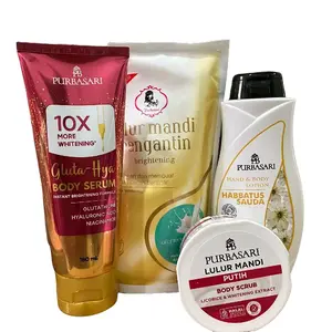 [ISI 4] Purbasari Paket Pencerah Badan Body Care Lulur Pengantin 500gr | Body Serum 180ml | Hand & Body Lotion Habbatussauda 200ml | Lulur Mandi Scrub Pot 100gr