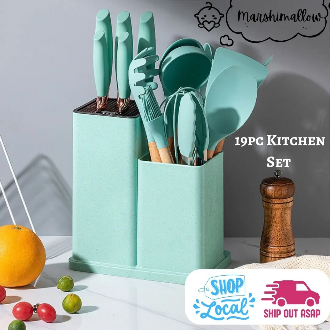 [MOTTSS] 19pc Kitchen Set Knife + Silicone Kitchenware Cooking Utensil Block Holder