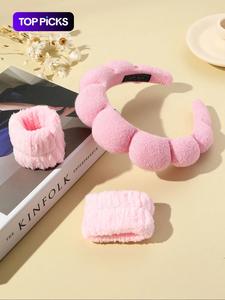 Set de 3 piezas de diademas de esponja de color sólido para mujer, pulsera para lavado de cara para fiesta de San Valentín, conjunto de accesorios para el cabello de peluche, adecuado para lavados diarios