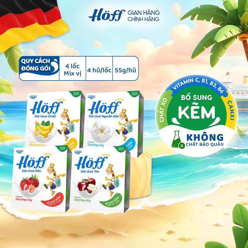 Sữa chua cho bé ăn dặm combo mix 4 vị Hoff bổ sung dinh dưỡng canxi kẽm vitamin B1 B2 B3 B6 chất xơ, Men vi sinh hỗ trợ hệ tiêu hóa 4 lốc (16 hộp x 55g)