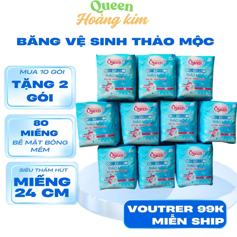 [ Bạc Hà ] ComBo 10 Gói Băng Vệ Sinh Queen Hoàng Kim Thảo Mộc The Thấm Hút Gói 8 Miếng Bề Mặt Bông Gòn Dệt Tampon bvs mát lạnh 0