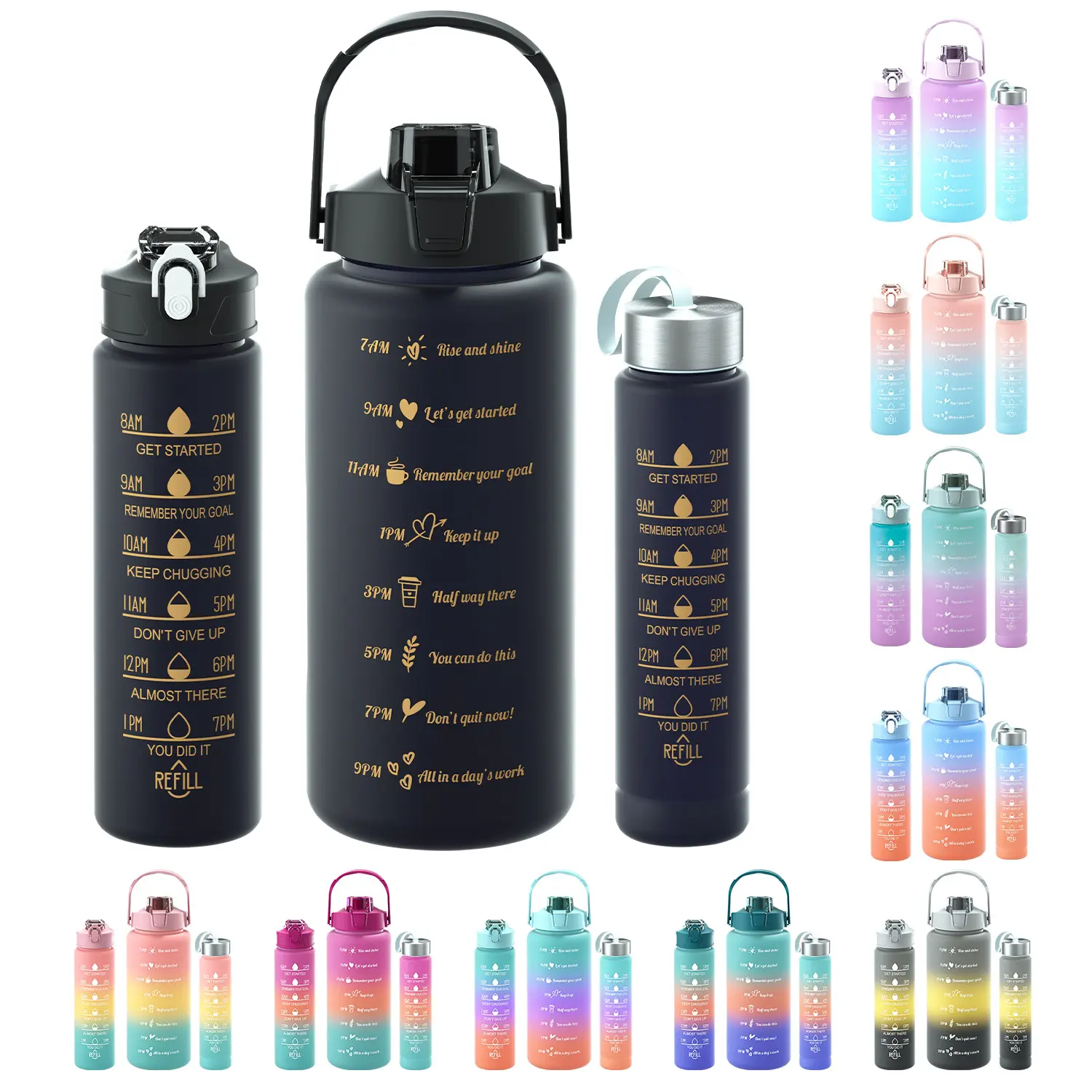 3pcs/set Water Bottle with Straw High Capacity Food Grade Plastic Bottle Portable Scale Bottle Outdoor Travel Bottle【2000ml/800ml/300ml】