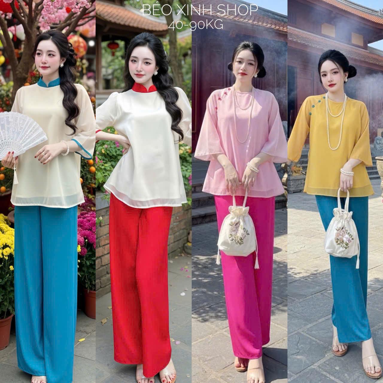 [Tết 2026] Set Áo Dài Cách Tân Vải Áo Tơ Ánh Kim 2 Lớp Quần Lụa Chéo Cao Cấp thanh Lịch Cho Nàng 40-90Kg - A.1458