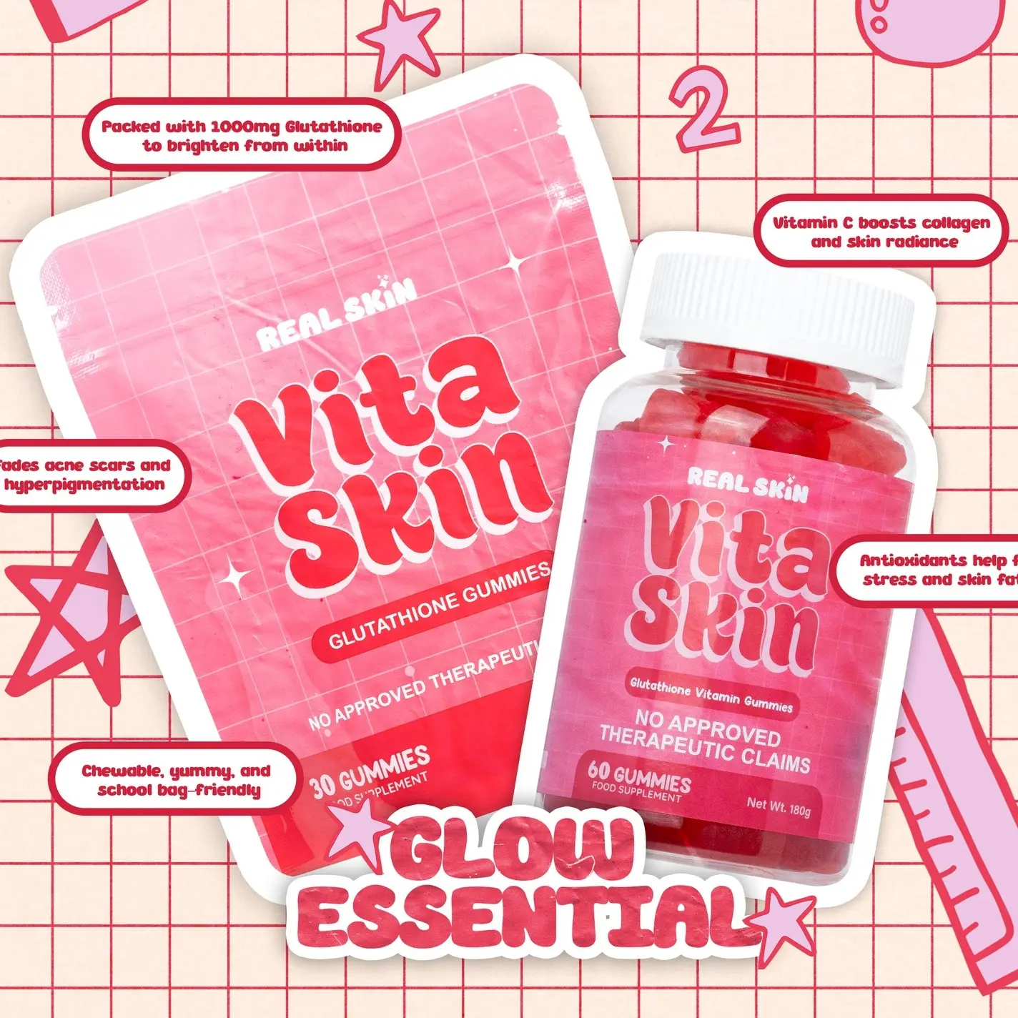Real Skin VitaSkin Glutathione Gummies - All Natural and FDA Approved Skin Brightening Vitamins