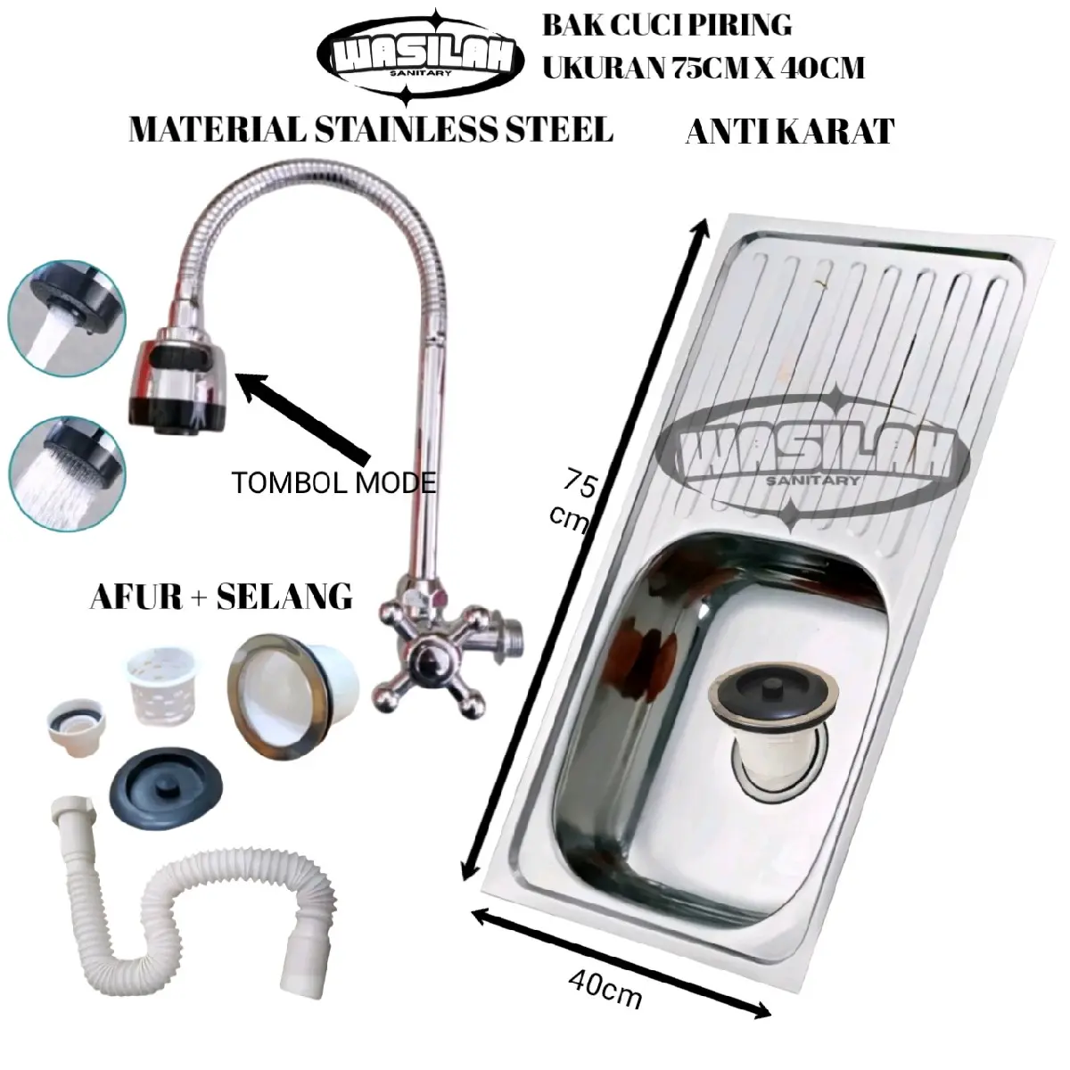 Paket Bak Cuci Piring 75cm X 40cm Stainless Steel Anti Karat with Flexible Faucet wastafel cuci piring stainless stell kitchen sink wastafel cuci piring 1 lubang
