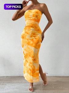 LovelyWholesale vestido ajustado con estampado, fruncido, espalda descubierta y abertura en el muslo; vestido largo y elegante para verano y vacaciones en la playa.