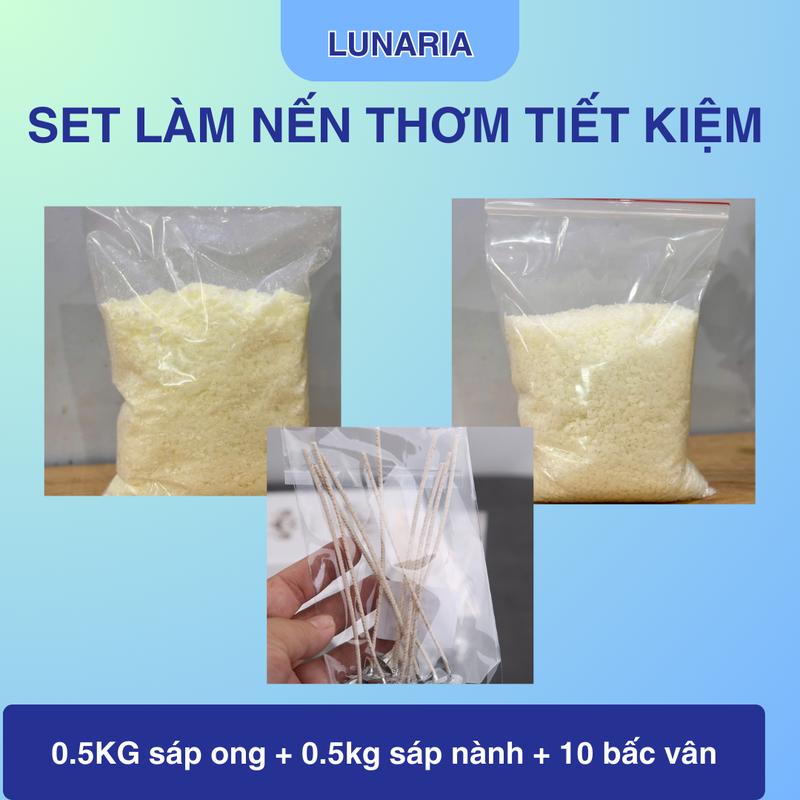 Set nguyên liệu làm nến thơm gồm 0,5kg sáp ong + 0,5kg sáp nành + 10 bấc vân gỗ