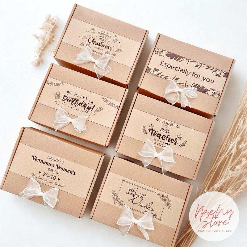 Hộp đựnġ quà tặng Kraft Vintage hộp giấy nắp gài đựnġ quà sinh nhật noel valentine 8 3... kèm rơm lót
