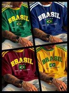 Camiseta de Estilo Deportivo Trendy para Fans de Fútbol de Brasil, Camiseta de Manga Corta para la Copa del Mundo, Tela Suave y Transpirable de Secado Rápido, Camiseta de Corte Largo Casual