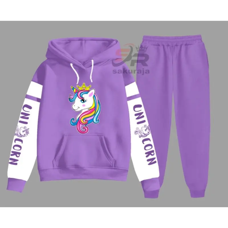 setelan anak unicorn kombinasi/setelan hoodie celana panjang/model korea/umur 6-17 tahun/bisa COD 3