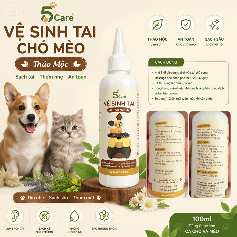 100ML Dung Dịch Nước Vệ Sinh Tai Chó Mèo Thảo Mộc Five Care – Khử Mùi Hôi Tai, Làm Sạch Ráy Tai, Chăm Sóc Tai Chó Mèo Sạch Thoáng