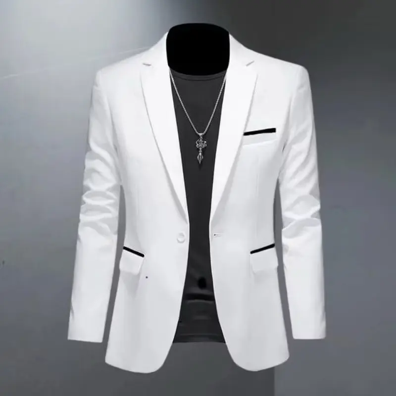 Blazer Casual Pria Style Korea - Jaket Formal Panjang Hitam Slim Fit - Cardigan, Kantor, Dewasa, Pria Keren Semi Cowok Kerja Putih 3