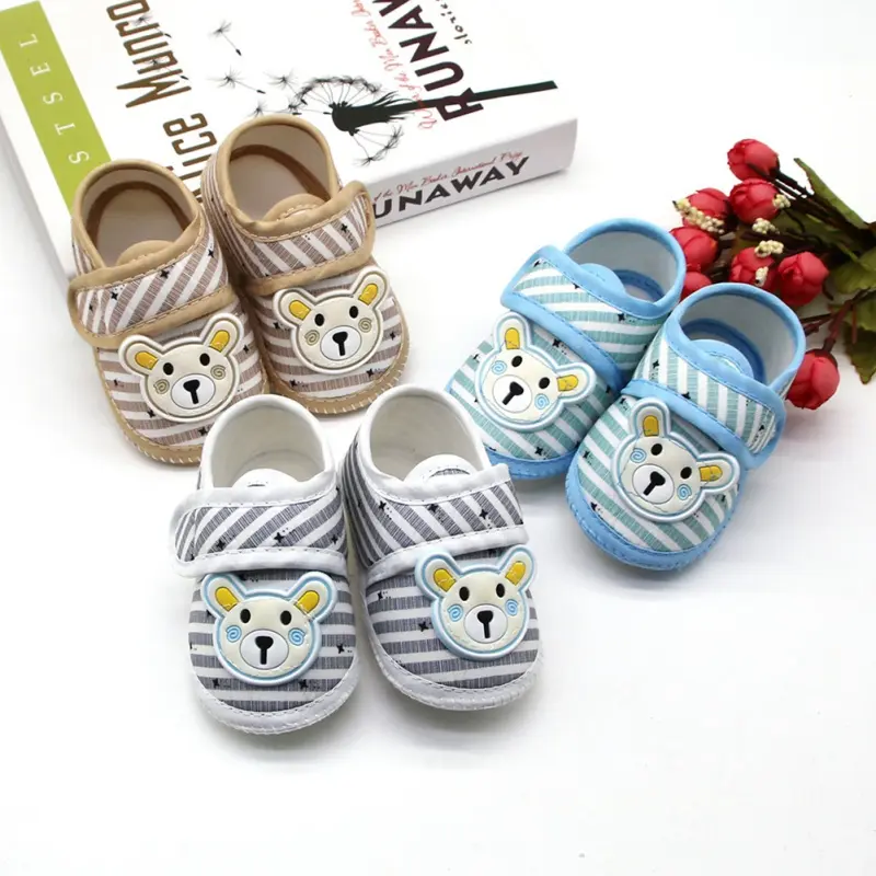 Baby Cartoon Cotton Shoes Bear Pattern Stripes Casual Sneakers Newborn Soft Sole Toddler Shoes 0-18M