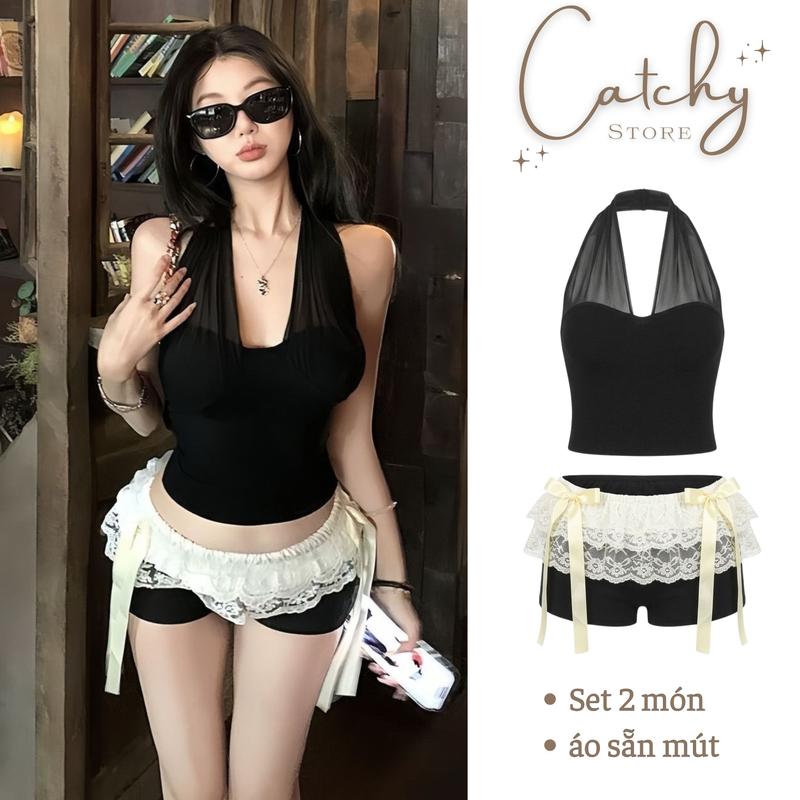 Set Áo Yếm Cúp Sẵn Mút Phối Lưới Quần Short Ôm Viền Bèo Ren Tầng Sang Chảnh Đi Party CATCHYstore