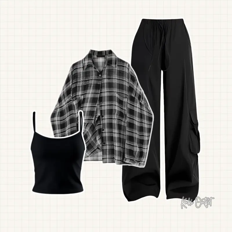 1 Set OOTD Korean Style (Kemeja Flanel + Celana Cargo + Tanktop) One Set Wanita Perempuan - KK125 Atasan Casual Fit Katun Nyaman Panjang Setelan Bawahan Lembut Linen Formal Oversize Blazer Baju Remaja Basic 2