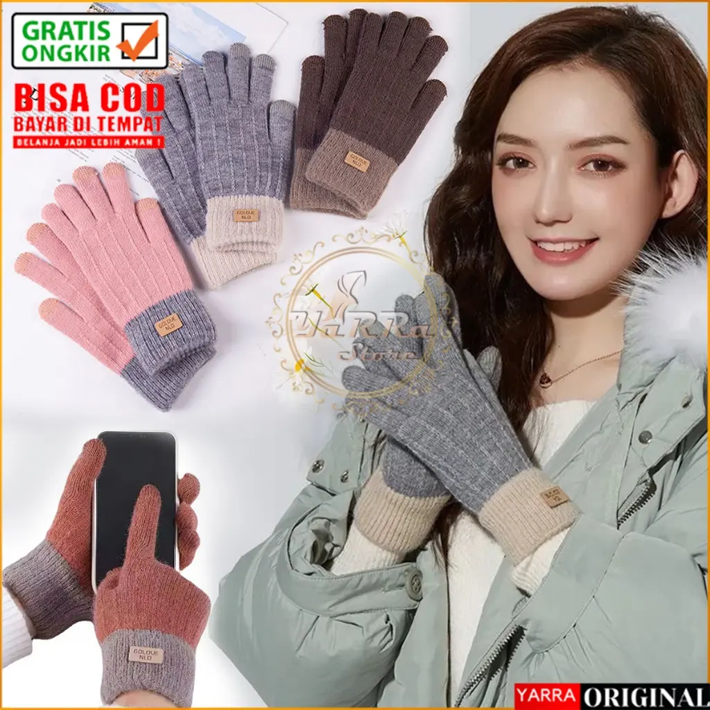 Sarung Tangan Wanita Musim Dingin Rajut Wol Touch Screen Gloves Bahan Tebal Fashion Kekinian