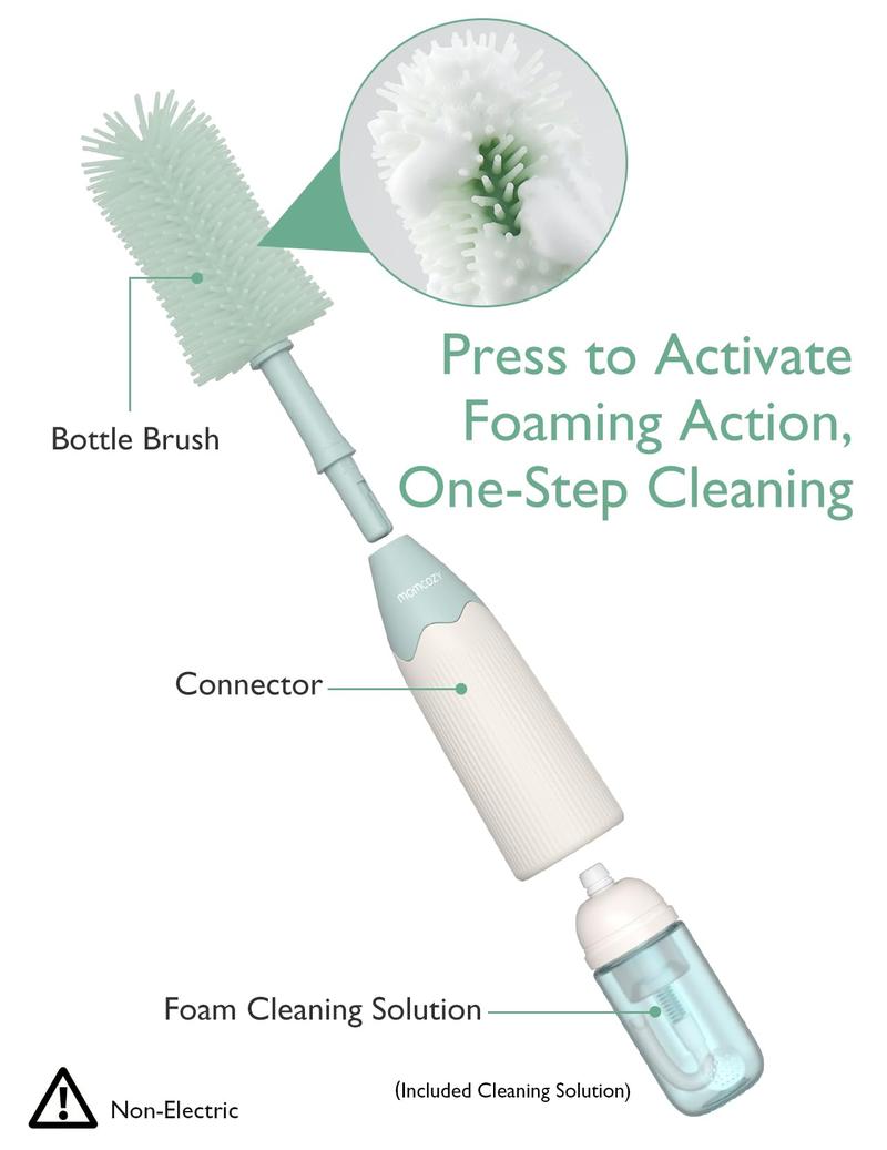 Product Introduction of Bottle Brush Kit, Innovative Push-Press Design for Better Cleaning - Baby Bottle Cleaner Brush for Baby Bottle, Breast Pumps and More - Can Generate Foam for Better Cleaning 1