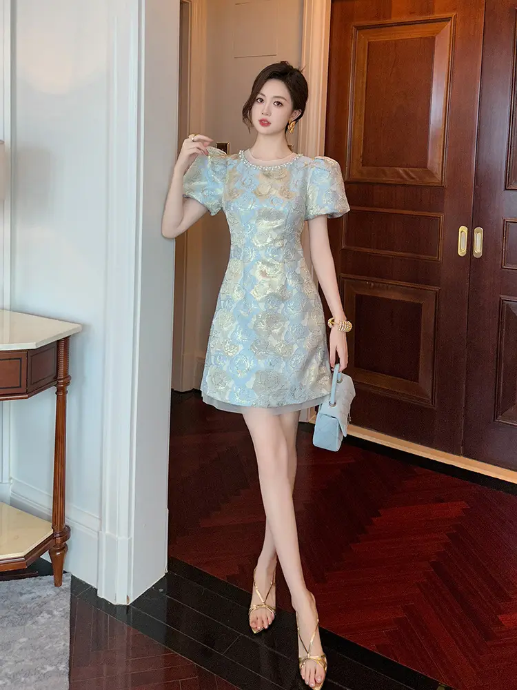 Váy Nữ Mùa Hè, Hàng Mới Về, In Hình Kim Cương, Màu Xanh Nhạt, Ngắn Tay, Cổ Tròn, 30876, Có Cỡ S-XXL Dress Women