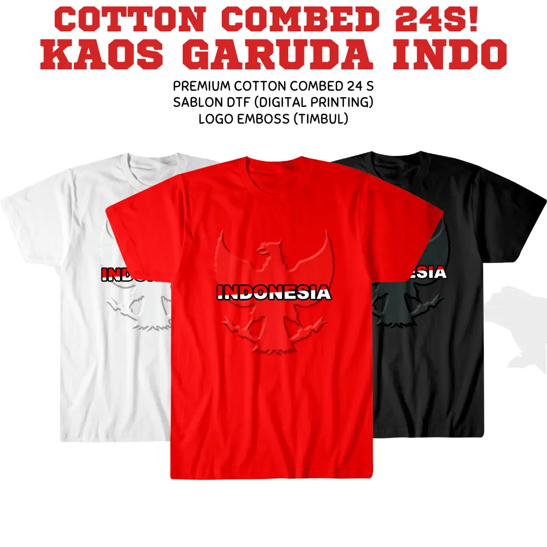 KAOS "GARUDA INDONESIA" EMBOS TIMBUL. Cocok untuk Pria & Wanita. Merah Putih Hitam Combed Cewek Cowok Fit Katun Unisex Tshirt Keren. Distro Polos