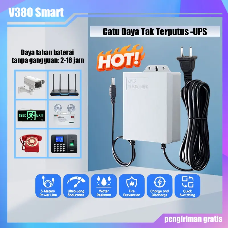V380 Smart UPS 12V 1.5A Uninterruptible Power Supply Mini UPS Baterai Cadangan untuk WiFi Router Modem dan Kamera CCTV Outdoor Tahan Air dan Tahan Api anti mati internet cadangan listrik rumah ups tahan lama wifi tetap nyala saat mati lampu darurat rumah