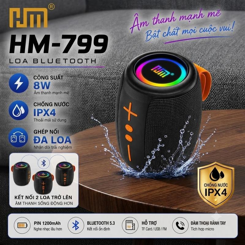 Loa Bluetooth HM-799 Mini 4 Chế Độ LED Chống Nước Siêu Trầm Vừa Tay Công Suất 8W Pin 1200mAh