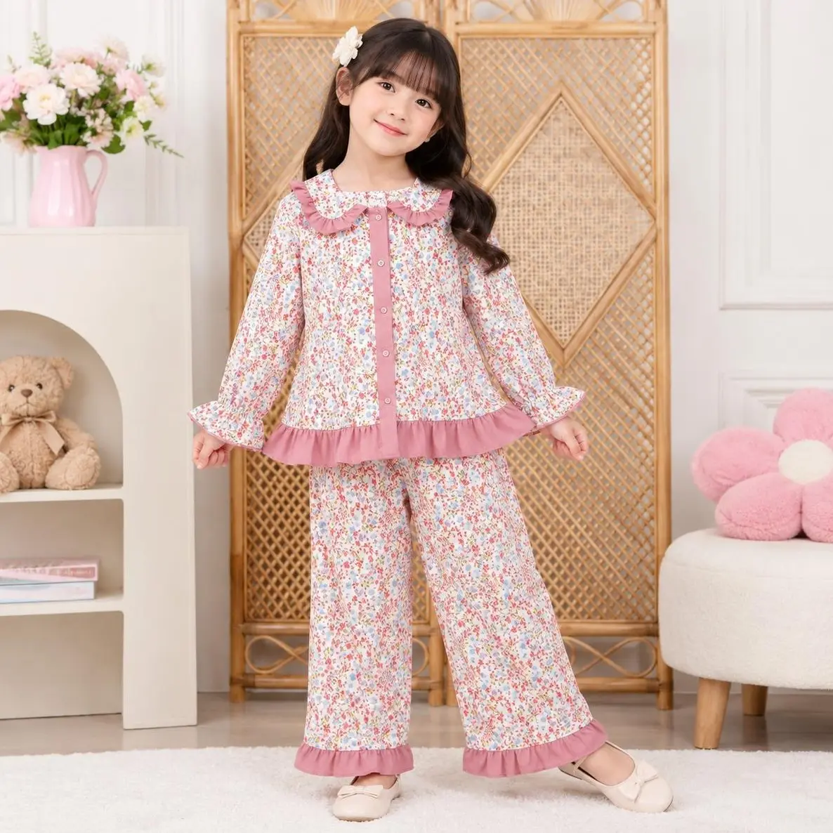 Baju Anak Perempuan - Zefanya Setelan Anak Perempuan Motif Flower / Fashion Oneset Anak Perempuan Lengan Panjang & Celana Panjang Terlaris