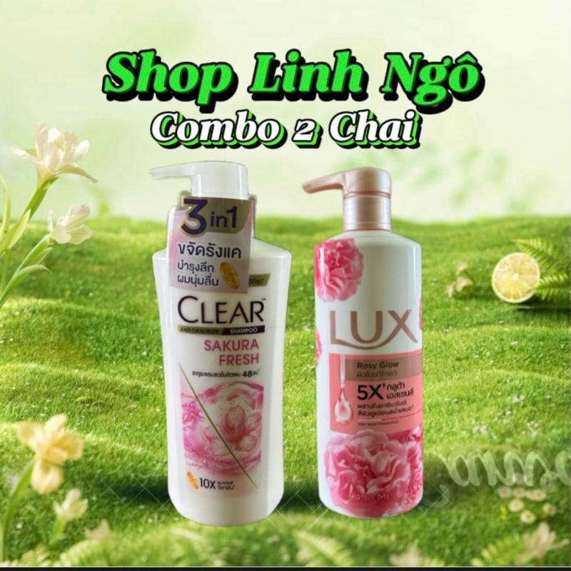 (Combo 2Chai )  Dầu Gội Clear Bạc Hoa Anh Đào  Thái Lan 400ml+ 1Chaia Sữa  Tắm Lux Thái Lan 450ml ( Màu Hồng)