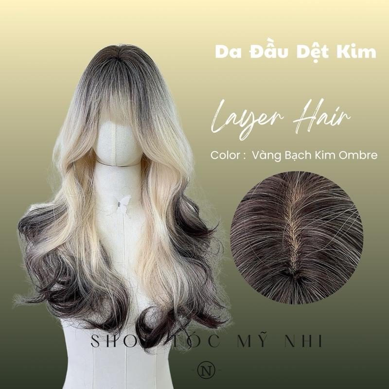 Tóc Giả Mỹ Nhi Xoăn Layer Mái Thưa Hàn Quốc Màu Tóc Vàng Bạch Kim Ombre x-dk-0105 Da Đầu Dệt Kim tóc màu vàng tẩy ivory