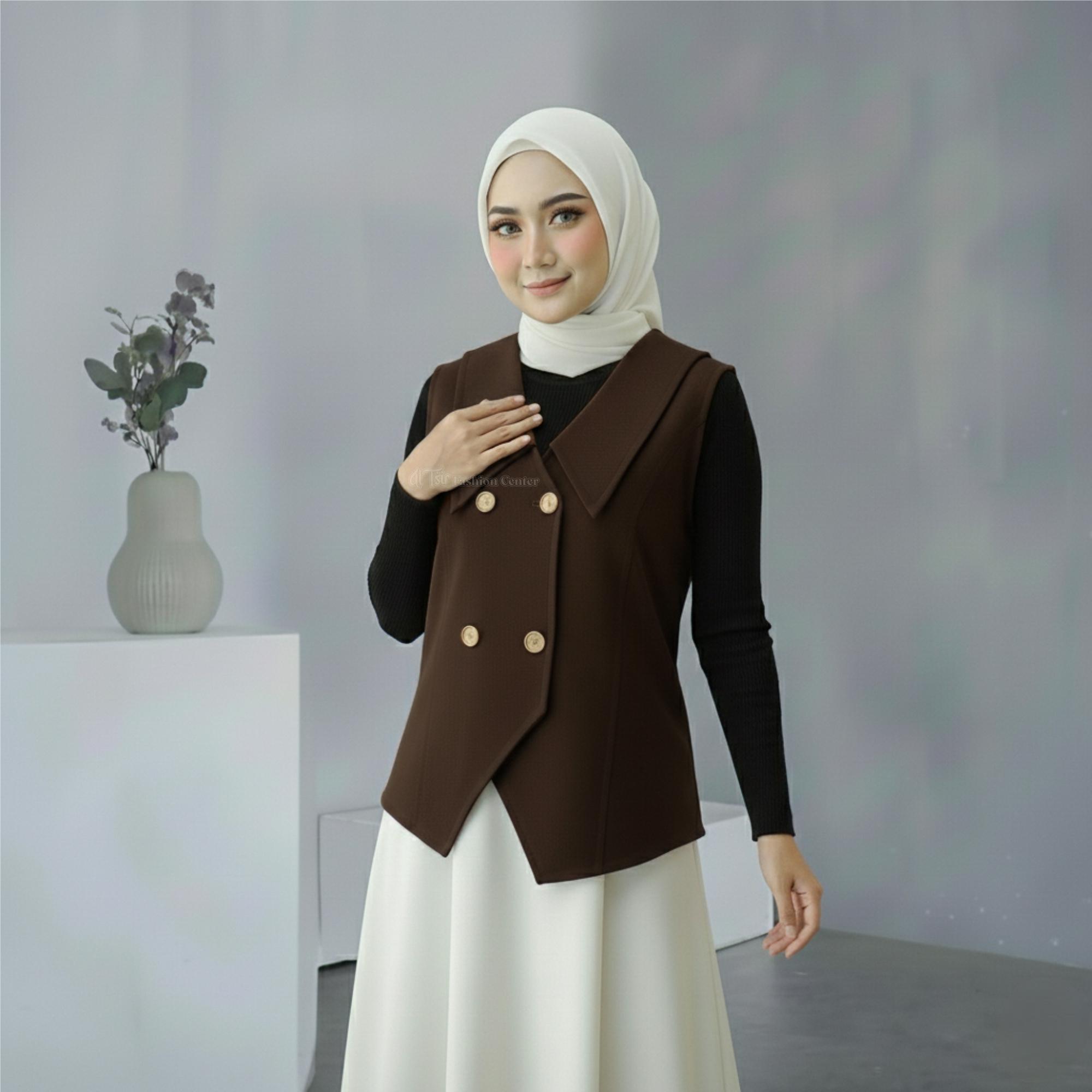 GKW Outer Vest Double Breast Semiwoll Kardigan Muslim Wanita Kekinian Atasan Basic Mahogany Korean Style