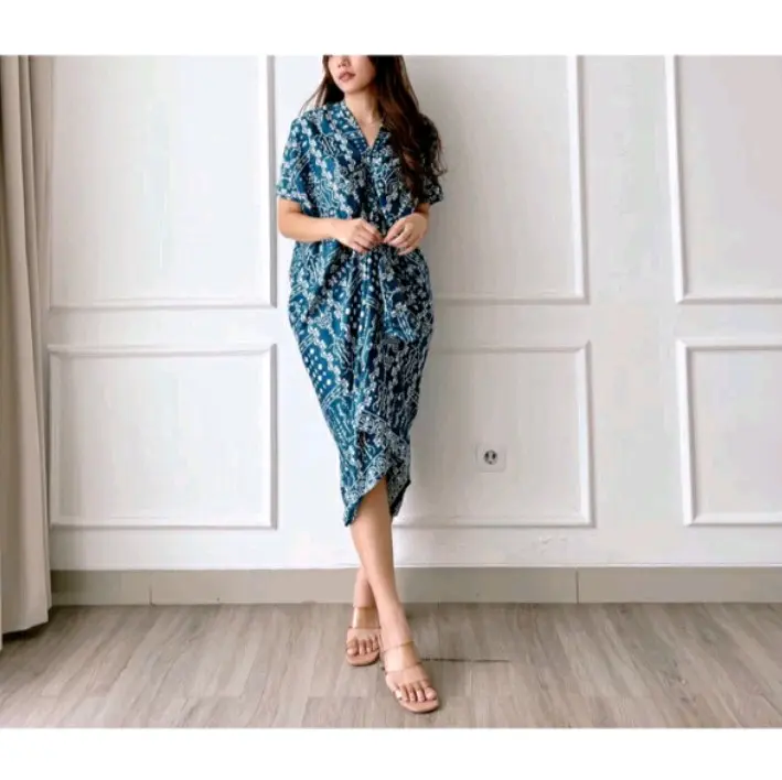 GBF Kaftan Biru Batik Lebaran | Kaftan Lebaran | Baju Pesta | Baju Dress Formal