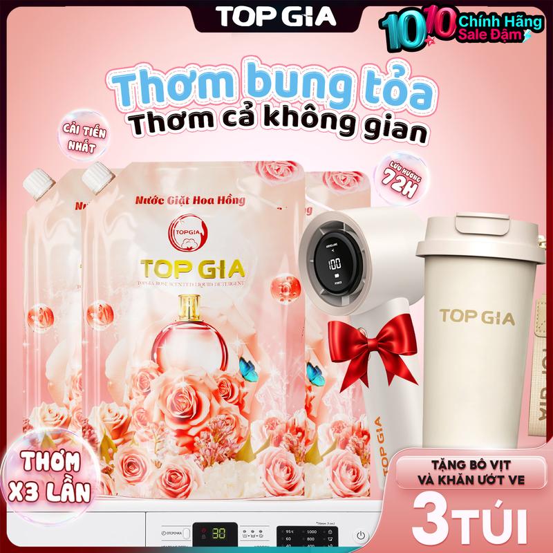 [TẶNG BÌNH + QUẠT] Combo Mua 3 Túi Nước giặt xả TOPGIA hương hoa hồng 1L Tặng 1 Bình Giữ Nhiệt 500ML + 1 Quạt Mini Cầm Tay - Nước giặt xả 3in1 ngừa khuẩn, Làm sạch, an toàn cho bé và lưu hương dài lâu, chiết xuất hoa hồng lưu hương đến 72H nth