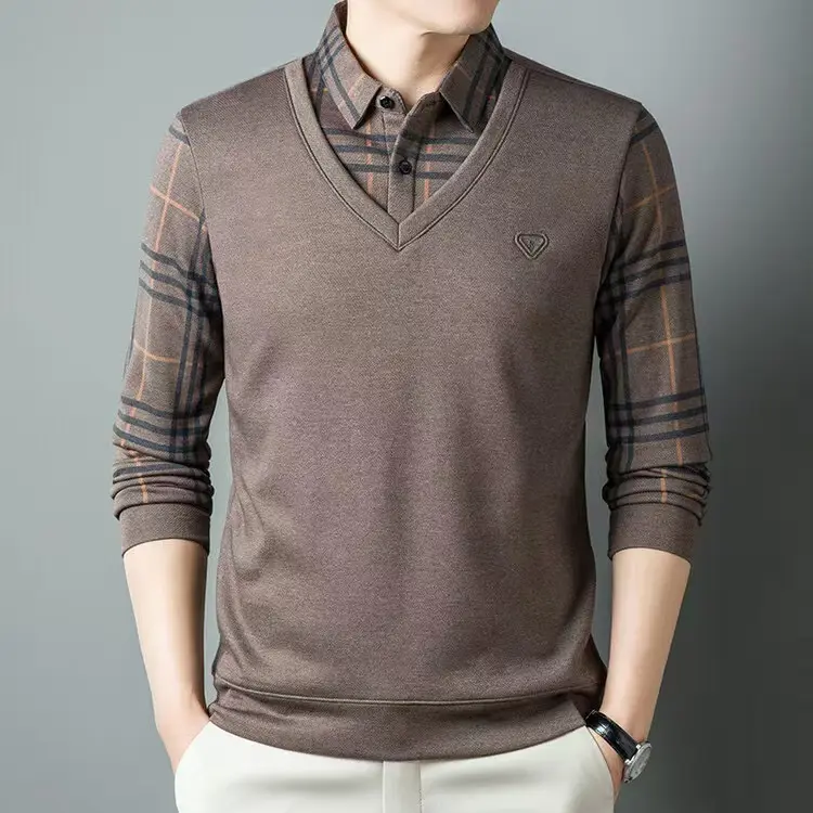 [Luxury Fashion]Men's Long-Sleeved T-shirt 2024 Spring and Autumn New Fake Two-Piece Men's Shirt Collar Plaid Casual Middle-Aged Undershirt Men