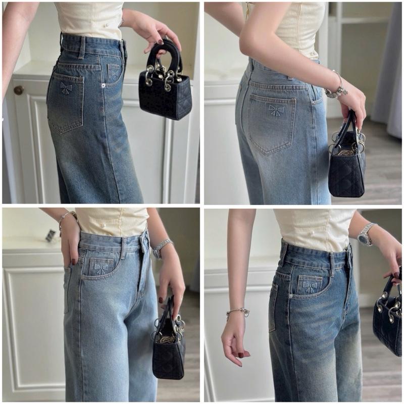 Quần Jean Suông Túi In Nơ Nổi Vải QC Mềm Không Co Giãn Nấm Lùn Dài 95cm 218 xuong jean quan bo cho nu lưng cao nam lun quan jen ống rộng y2k Jeans Nữ bò nấm lùn 1m50  girl phố jean nữ suông rộng trắng