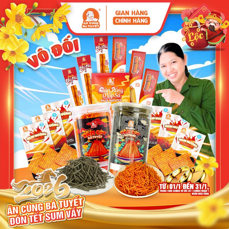 KOL NGÀY 1 12 - 31 12 MỖI NGÀY NHẬN 1 NHẪN TRONG 1000 ĐƠN Combo VÔ ĐỐI gồm: 2 hũ snack tăm cay tiêu đen và tăm cay đỏ + 6 nem + 3 cột điện + 3 bìa cát tông + 1 gân rồng - ĂN CÙNG BÀ TUYẾT M89