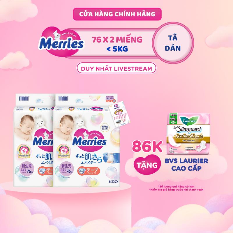 Combo 2 Tã/bỉm dán Merries Đủ Size NB76/S70/M56/L48/XL40
