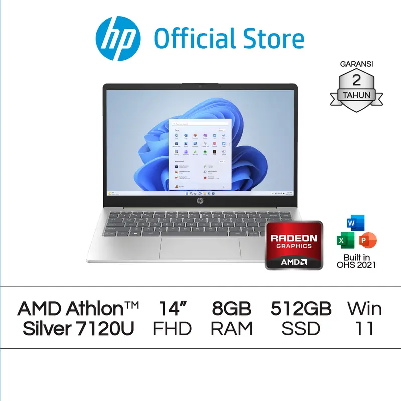 Laptop HP Athlon Silver 7120U Radeon 8GB RAM 512GB SSD Silver Gold Windows 11 Home 14 Inch AMD Garansi 2 Tahun Official 0