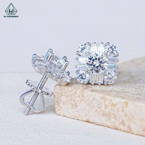  Bông Tai Bạc 925 Xi Kim Viên Chủ MOISSANITE 5.4mm EX530 Hà Tuấn Jewelry 