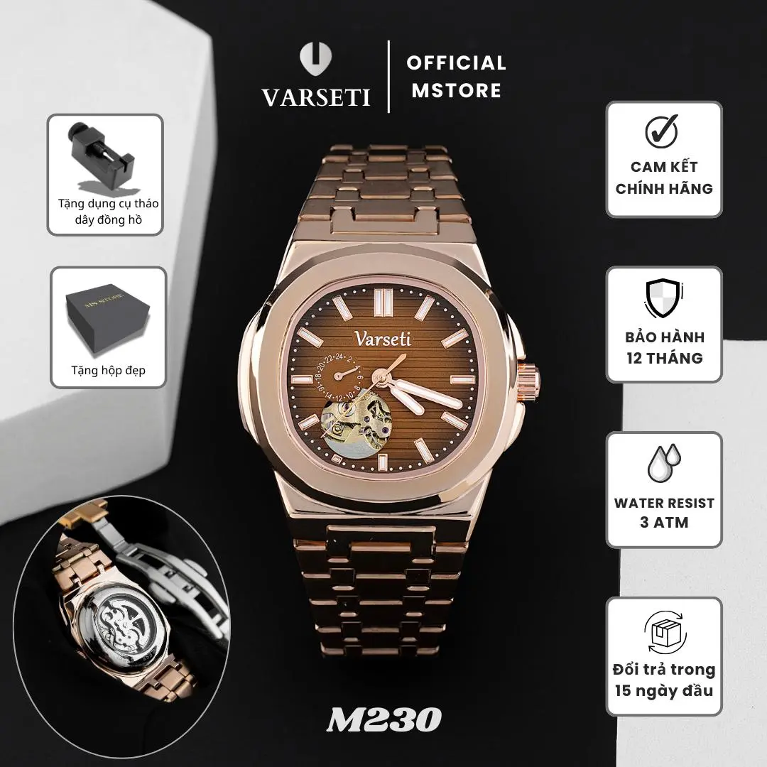 [MSSTORE AFF] Đồng Hồ Nam Varseti Automatic Dây Kim Loại viền trơn tinh xảo có lộ cơ sang trọng, chống nước 3ATM